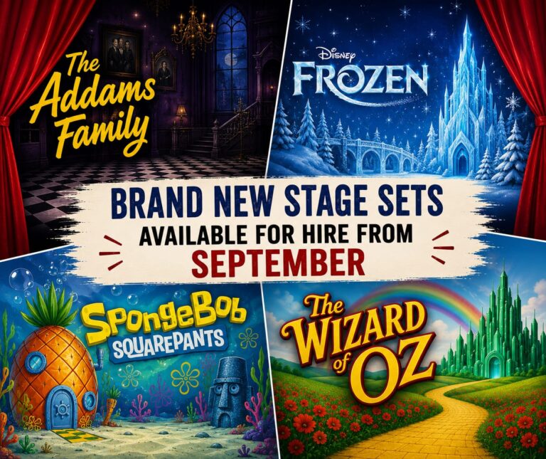 Four new stage sets coming to The Theatre Depot from September 2026 — The Addams Family, Disney's Frozen, SpongeBob SquarePants, and The Wizard of Oz.