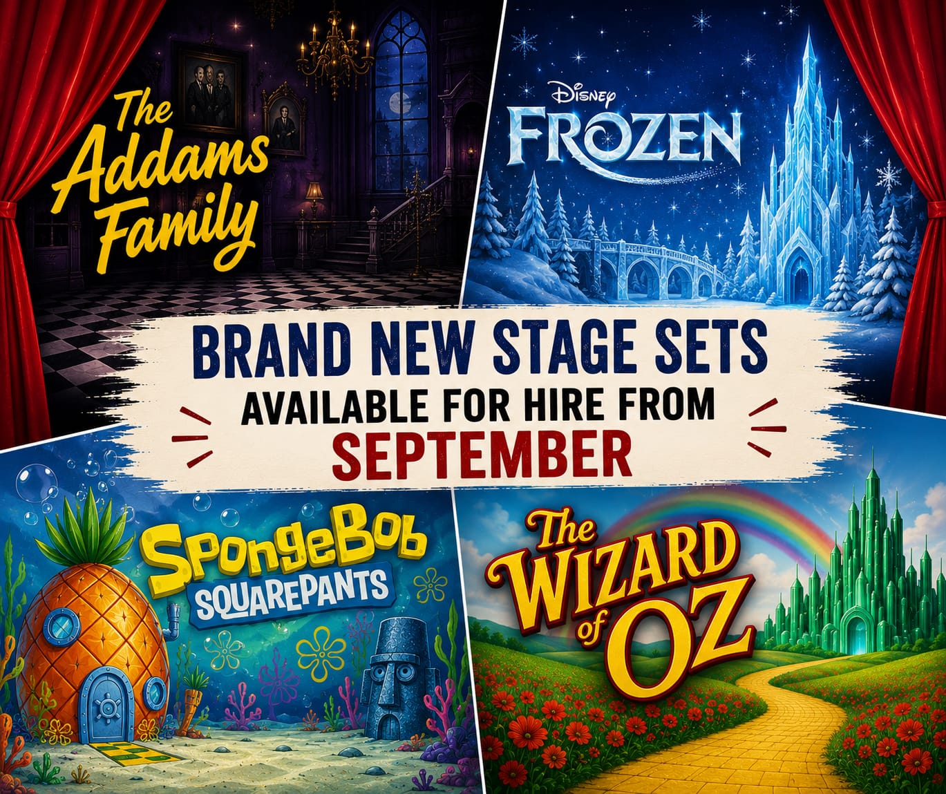 Four new stage sets coming to The Theatre Depot from September 2026 — The Addams Family, Disney's Frozen, SpongeBob SquarePants, and The Wizard of Oz.